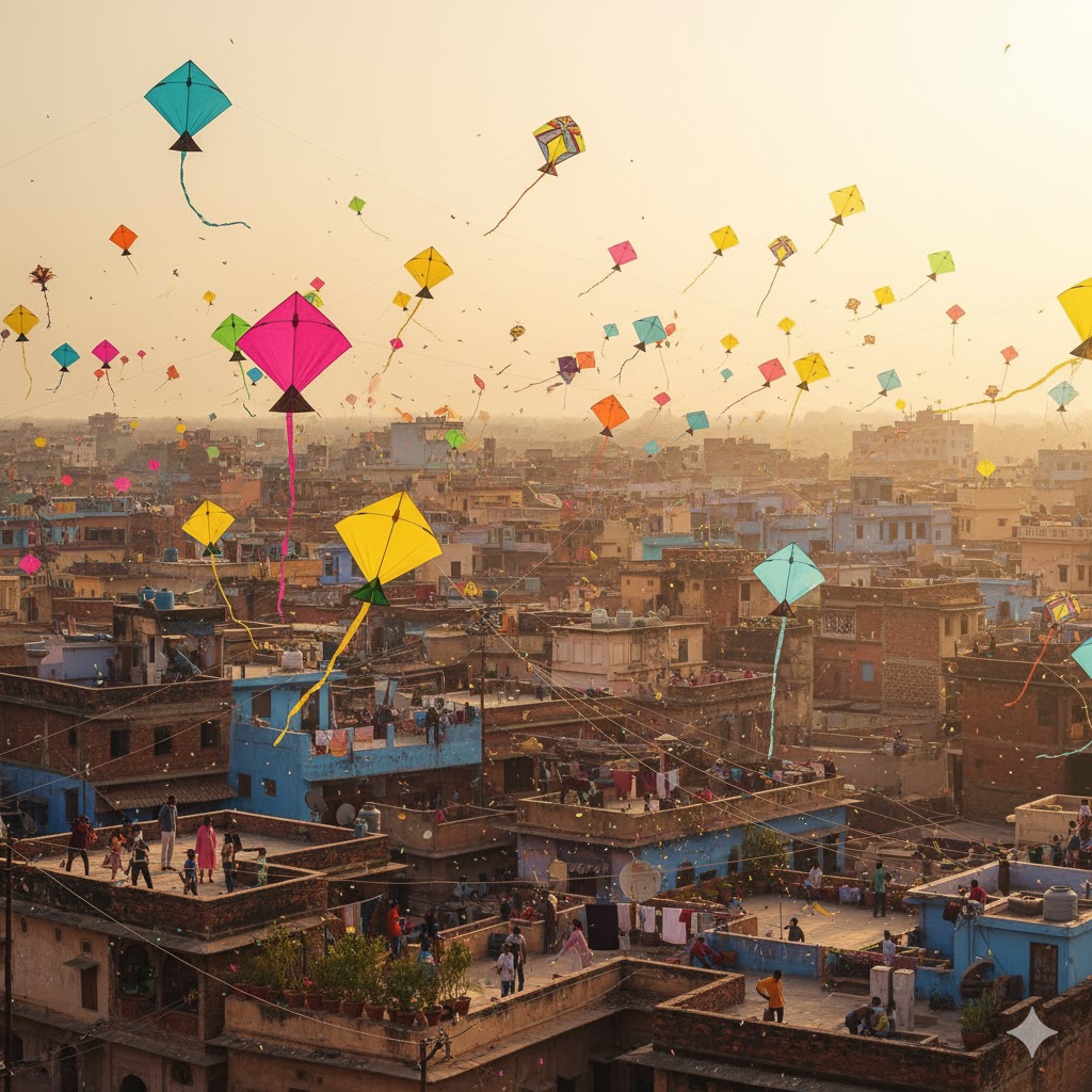 Colorful kites flying over Indian rooftops during Makar Sankranti 2026