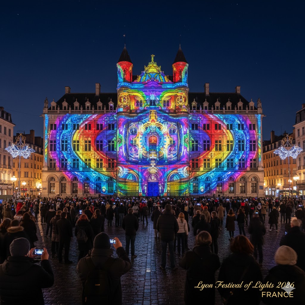 Colorful light projections during Lyon Festival of Lights 2026 in France