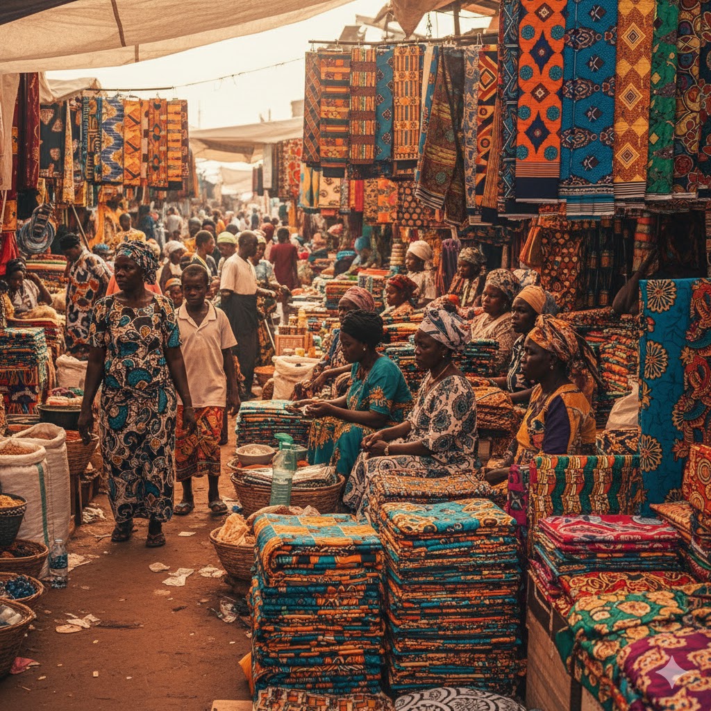 Colorful market scene with traditional fabrics in Lomé, Togo