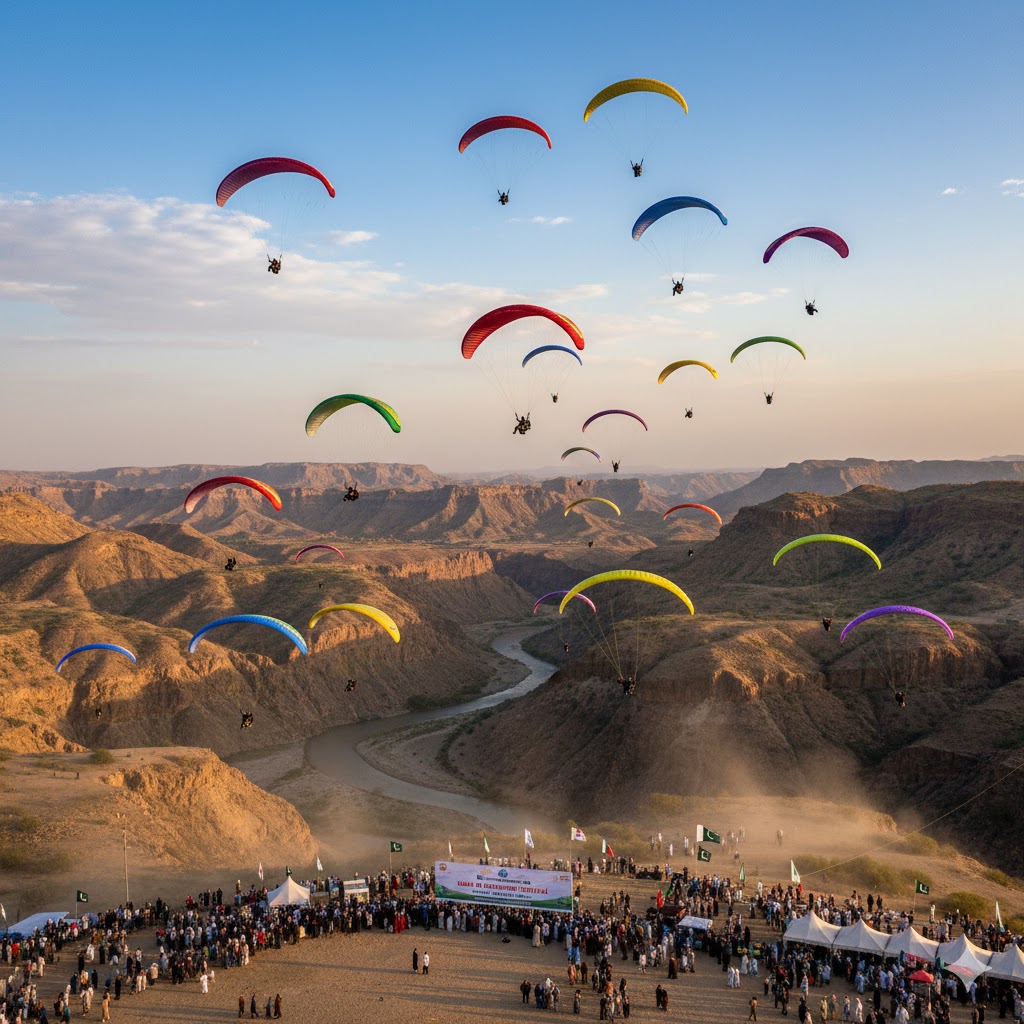 Colorful paragliders over Nooriabad mountains during the Sindh Air Tourism Festival
