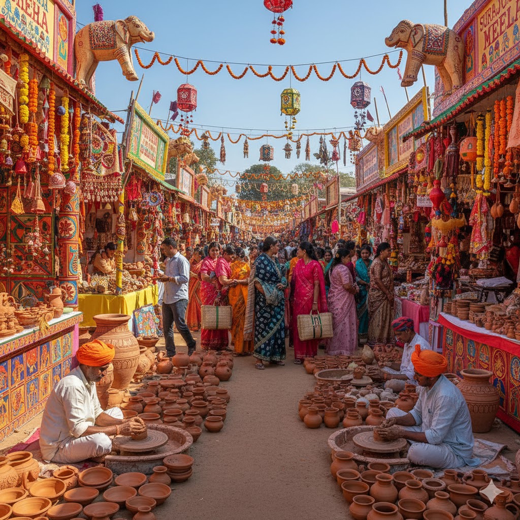 Colorful stalls and traditional artisans crafting pottery at Surajkund Mela, India