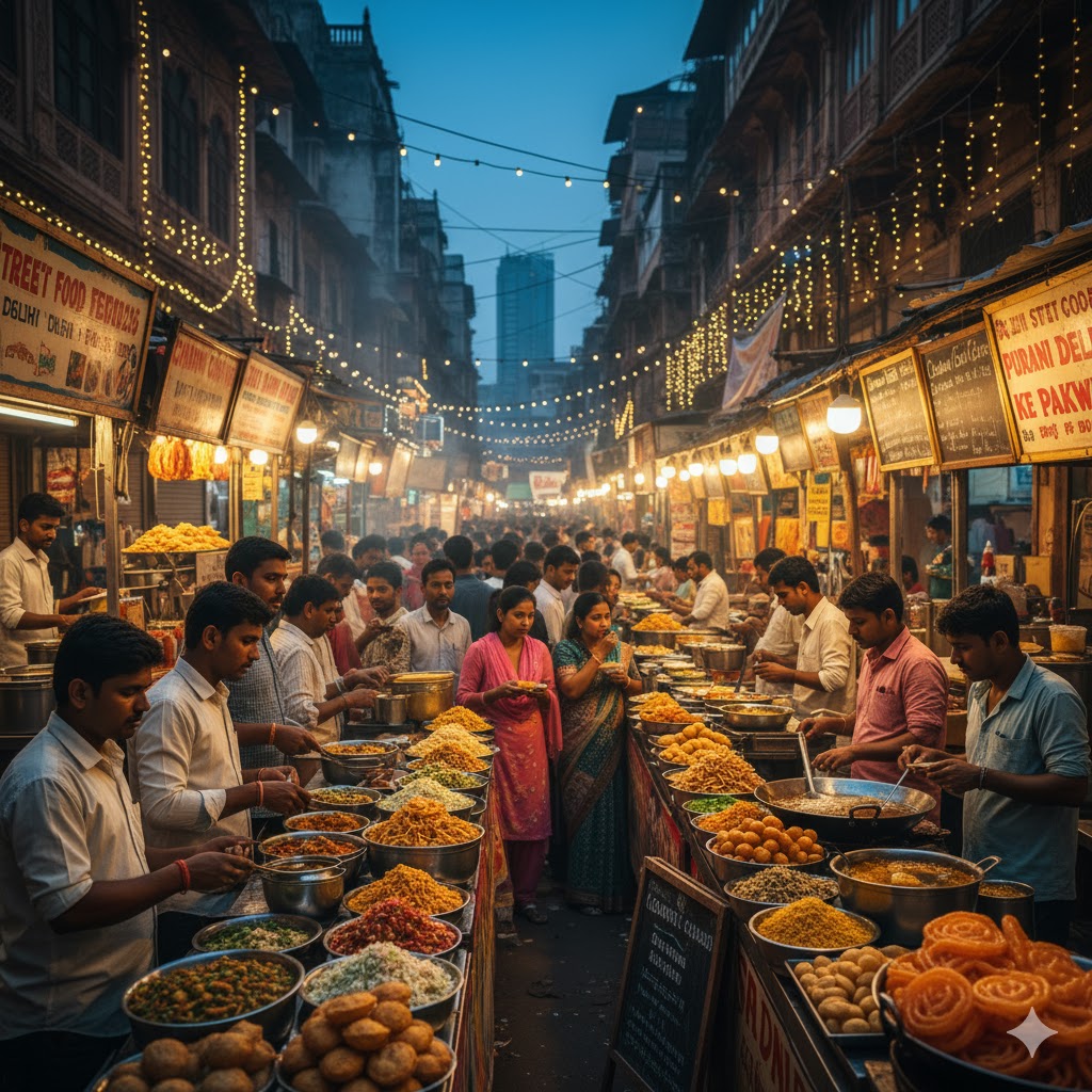 Colorful street food stalls serving Indian snacks during Delhi Street Food Festival 2026
