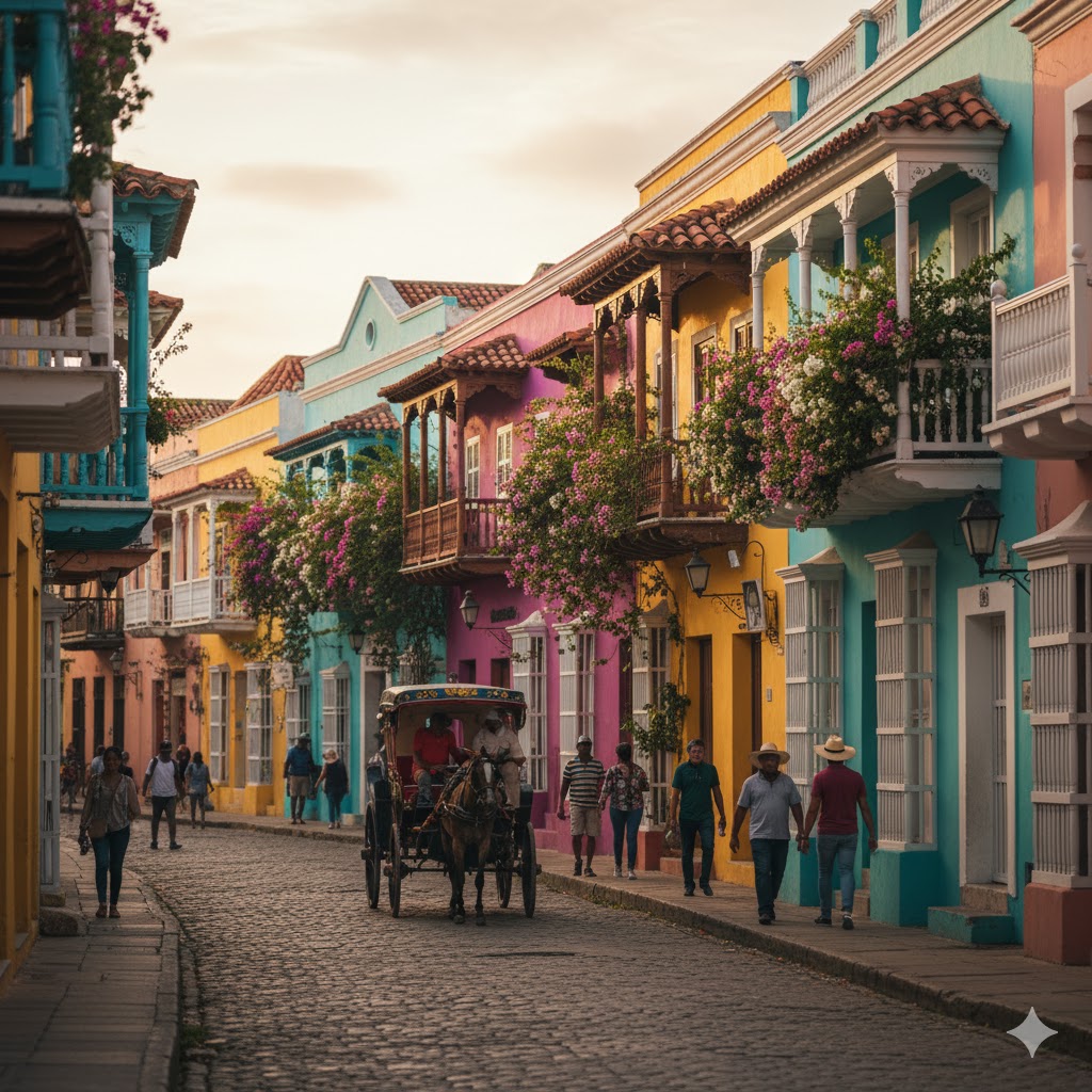 Colorful streets of Cartagena with colonial architecture