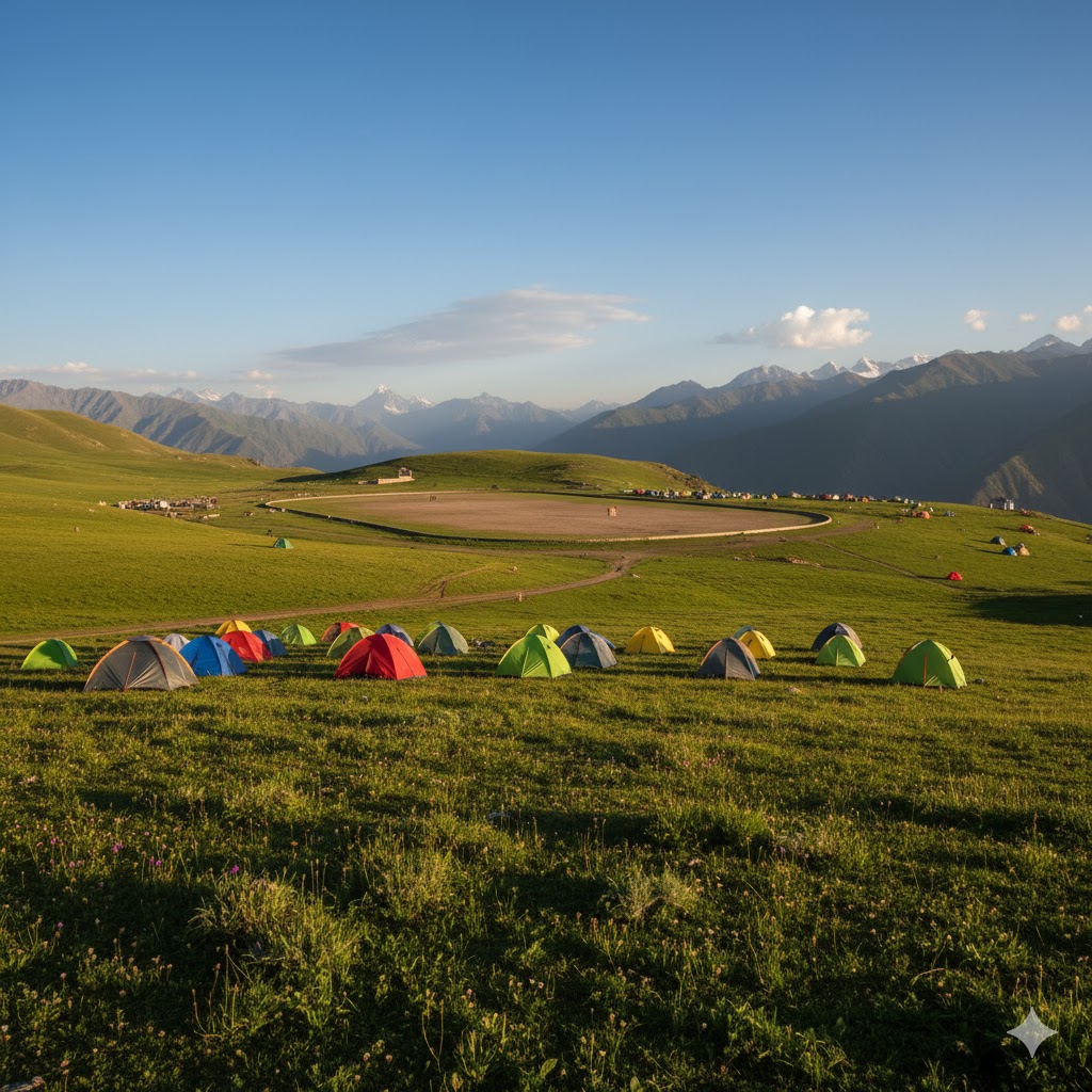 Colorful tents on Shandur Pass meadow with polo ground and mountains in background