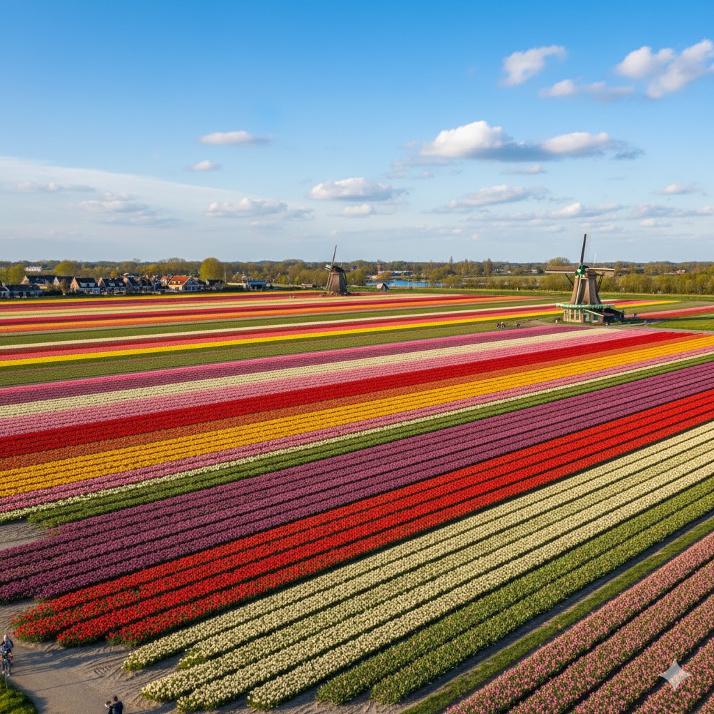 Colorful tulip fields with windmills under bright sky, Netherlands