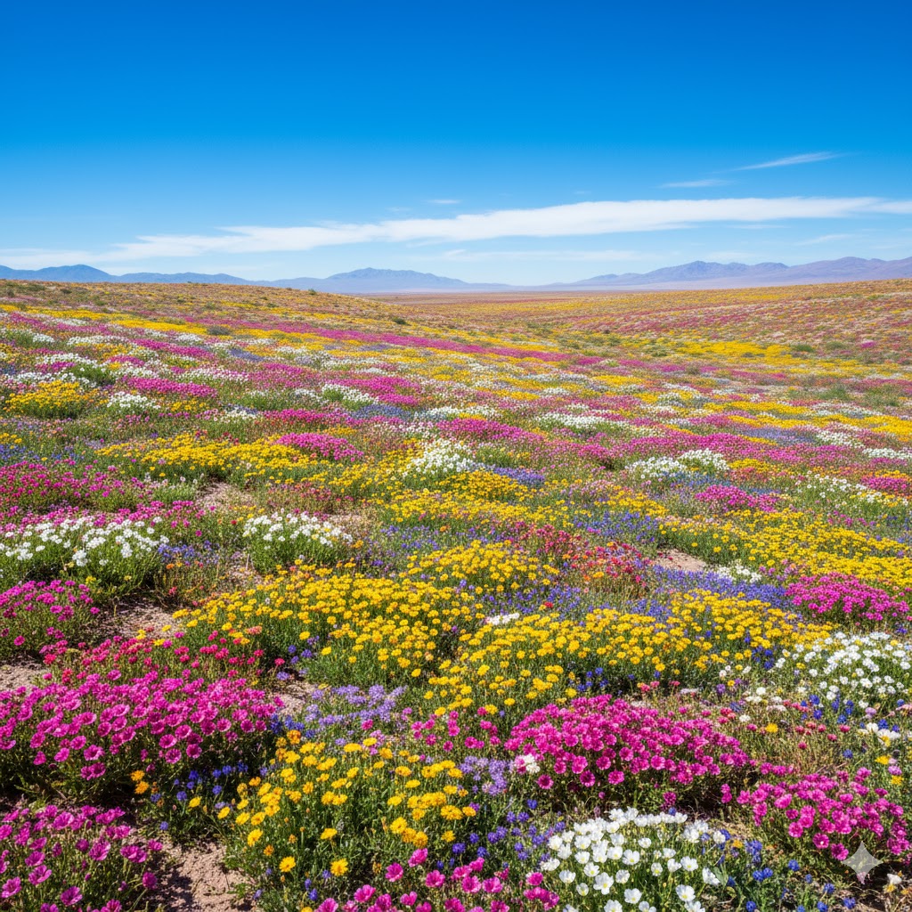 Colorful wildflowers blooming across Chile’s Atacama Desert under clear blue skies.