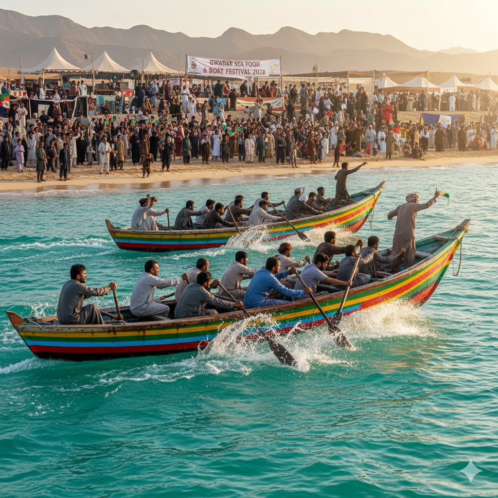 Colorful wooden boats racing at Gwadar Sea Food & Boat Festival 2026 with cheering crowd