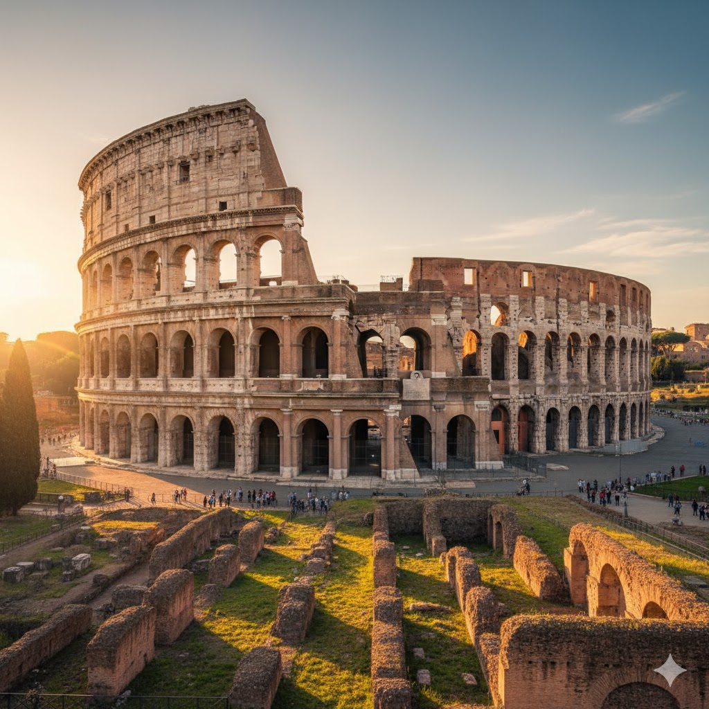 Colosseum exterior with arches and ancient Roman ruins