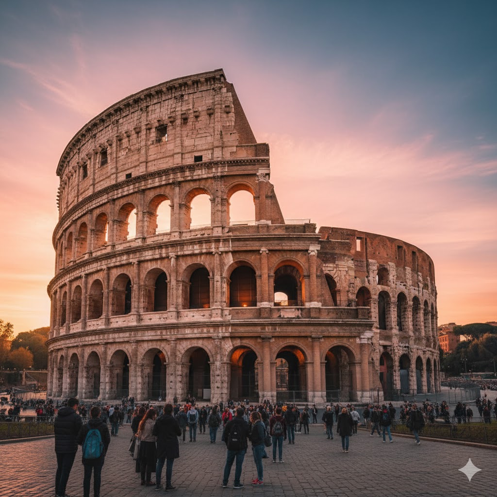 Colosseum glowing at sunset in Rome, Italy’s timeless heart