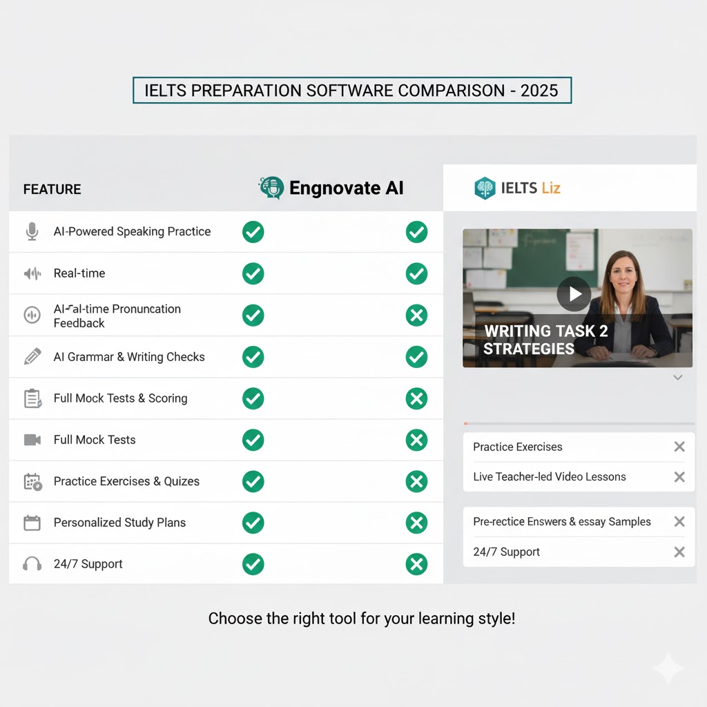 Comparison chart of Engnovate vs IELTS Liz software features 2025