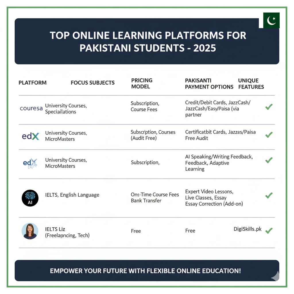 Comparison chart showing top online learning platforms for Pakistani students