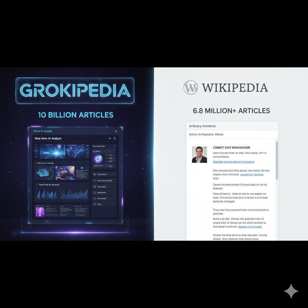 Comparison graphic showing Grokipedia and Wikipedia interface side by side, highlighting differences in layout and article count. 