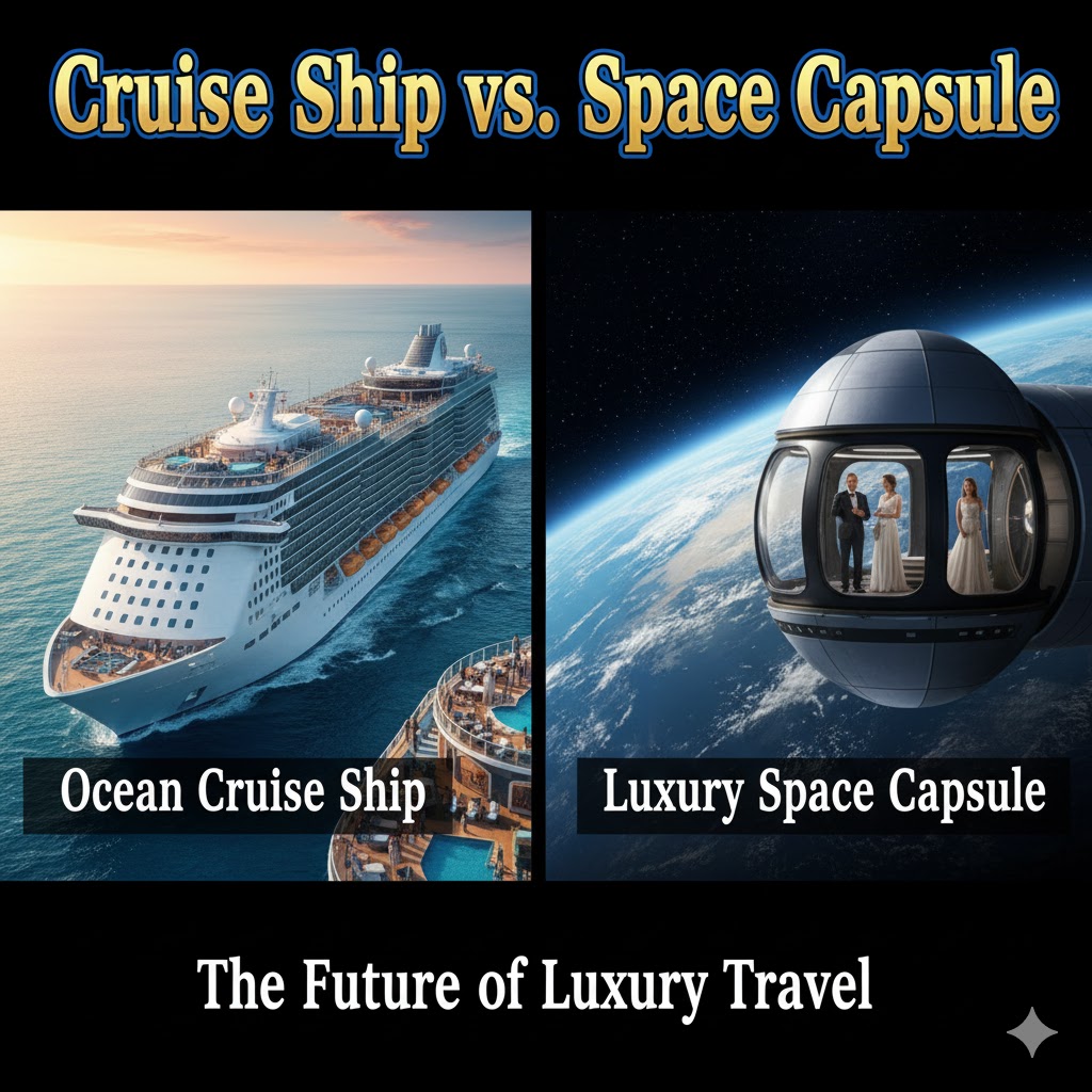 Comparison of luxury ocean cruise ship and futuristic space capsule