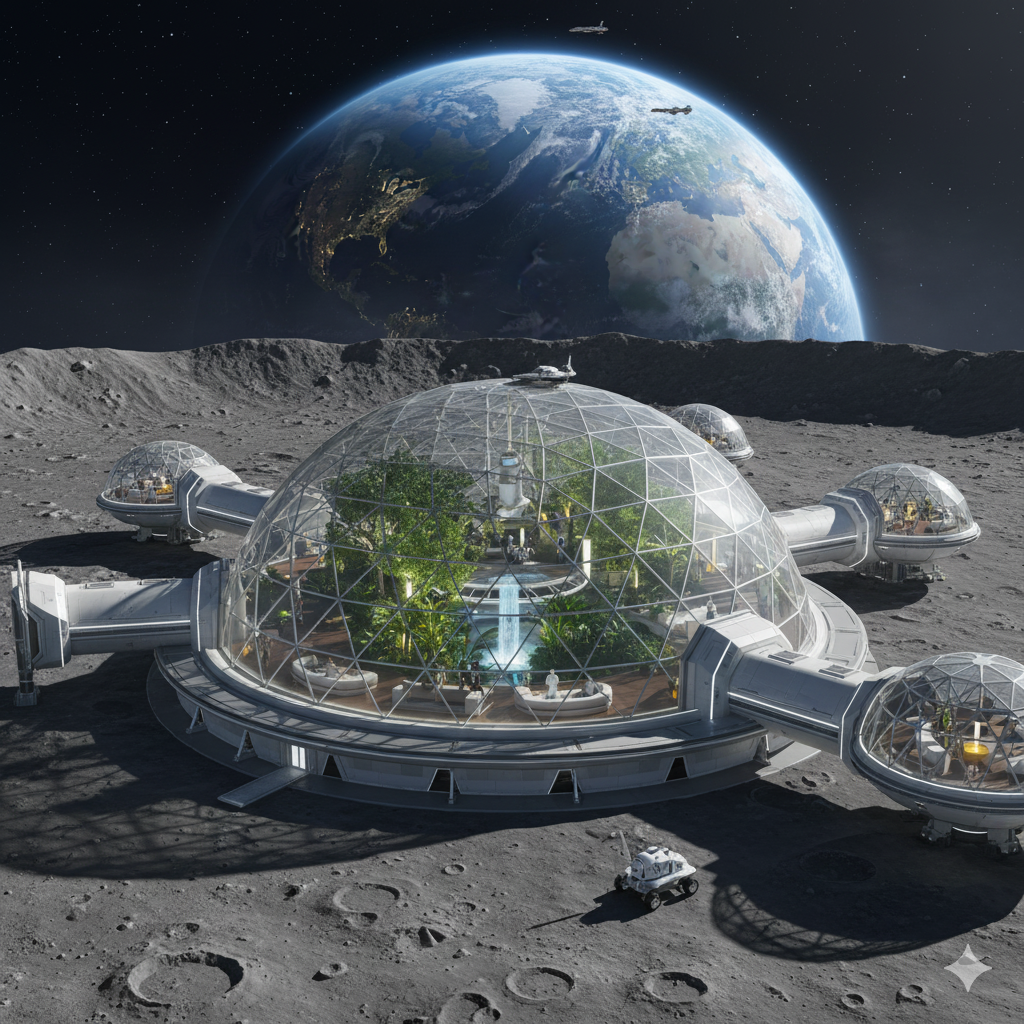 Concept art of a luxury moon resort with glass domes and Earth visible in the sky