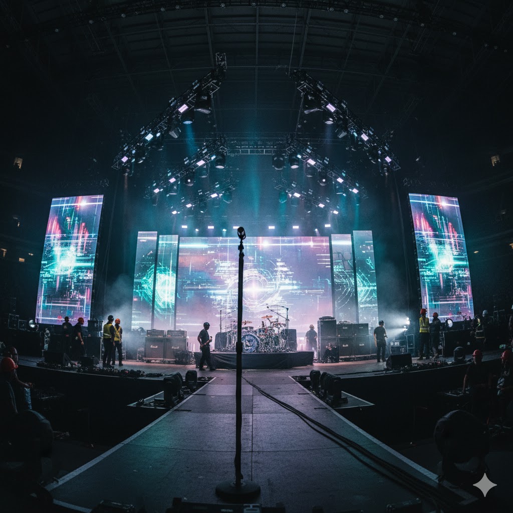 Concert stage setup with AI projection lights and crew preparing before showtime