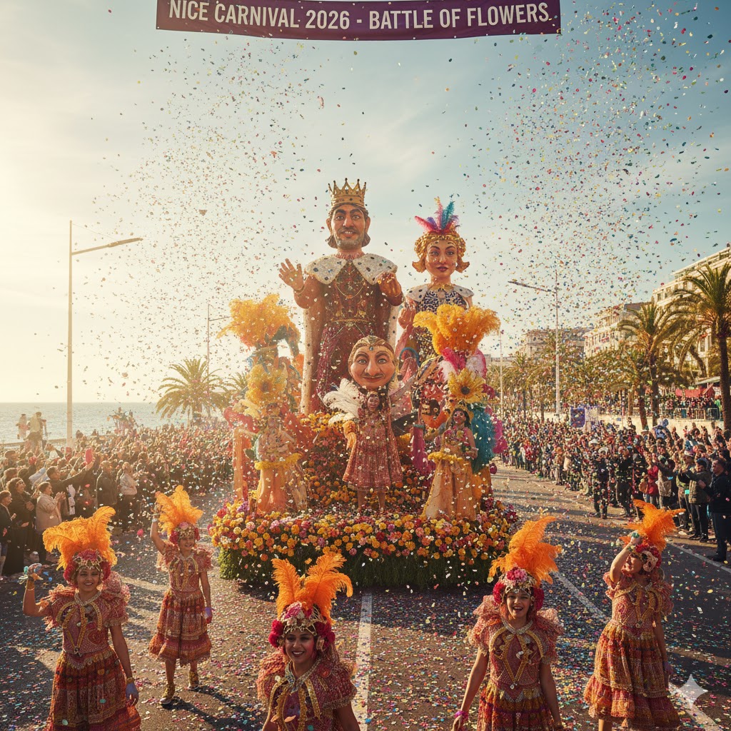 Confetti and flower parades at Nice Carnival 2026 in France