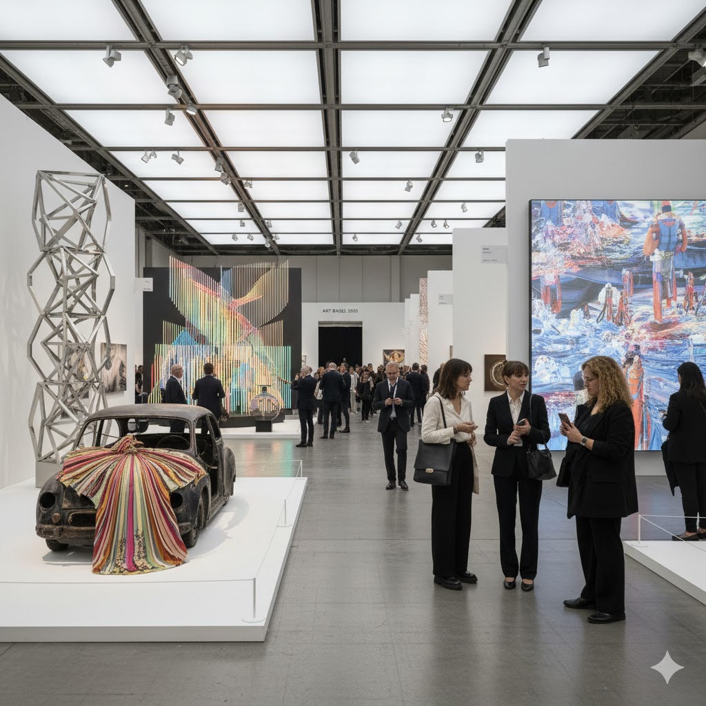 Contemporary art exhibits and sculptures displayed inside hall during Art Basel 2026 Switzerland.