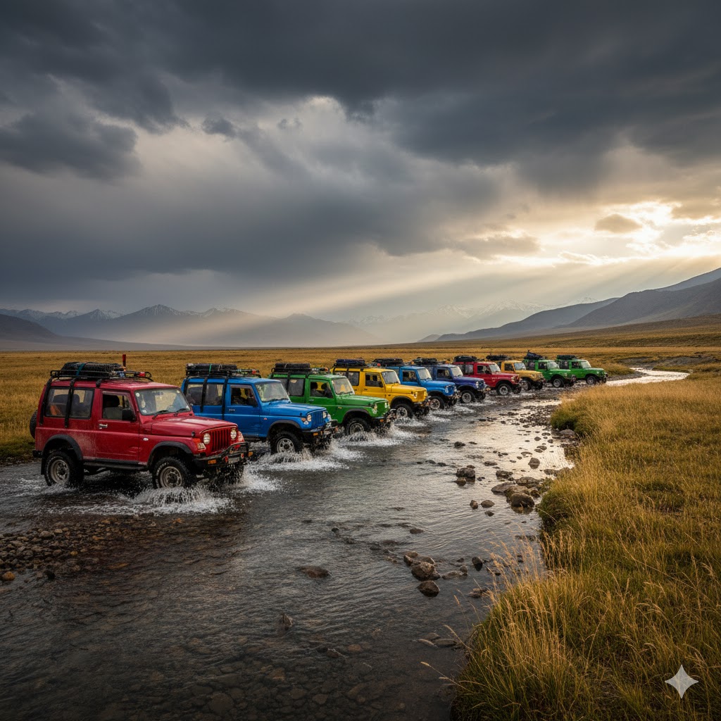 Convoy of colorful jeeps crossing shallow stream in Deosai under dramatic sky. Convoy of colorful jeeps crossing shallow stream in Deosai under dramatic sky.