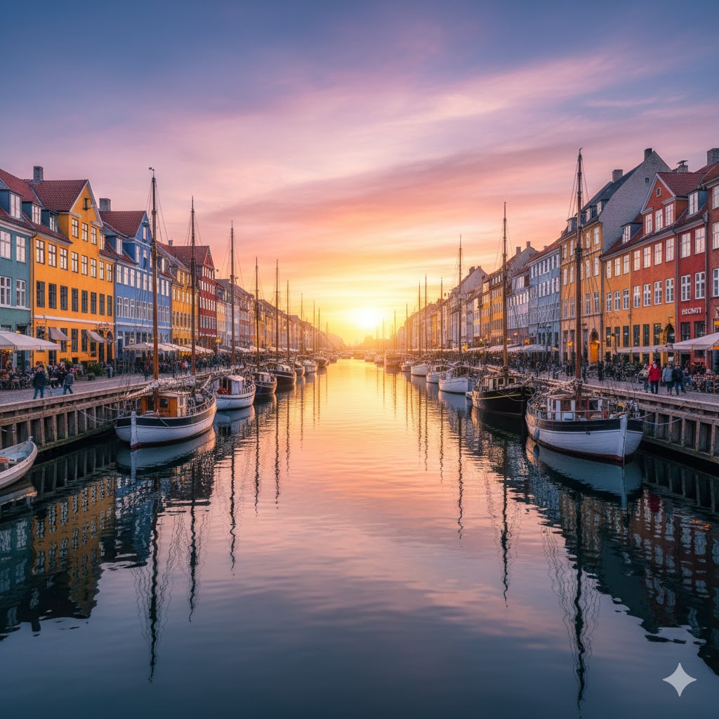 Copenhagen Nyhavn colorful harbor with boats at sunset