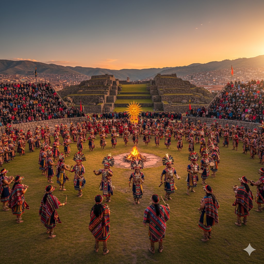 Costumed dancers performing at Inti Raymi Festival Cusco Peru 2026.