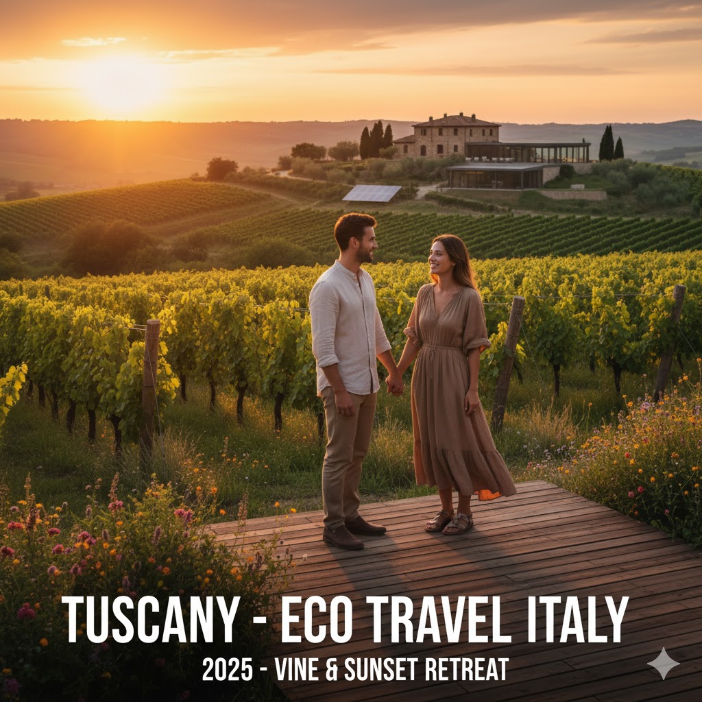 Couple enjoying vineyard sunset in Tuscany 2025 eco travel Italy