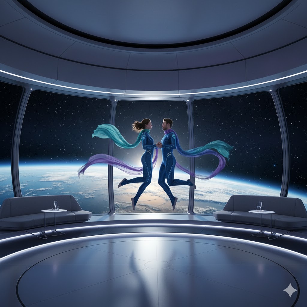Couple enjoying zero-gravity dance inside a luxurious orbital space resort