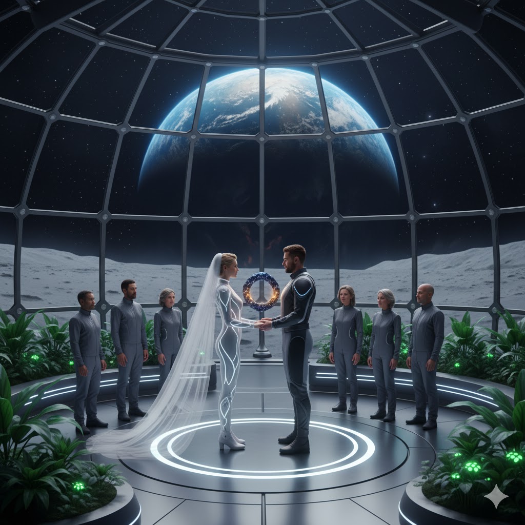 Couple exchanging meteorite rings during moon wedding ceremony inside lunar base dome