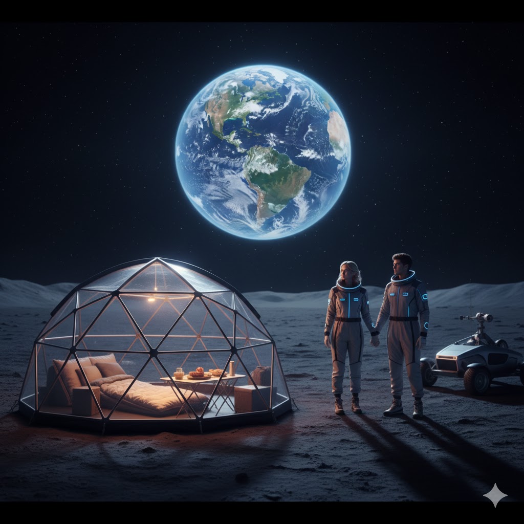 Couple exploring Moon surface during lunar camping experience, Earth visible in background