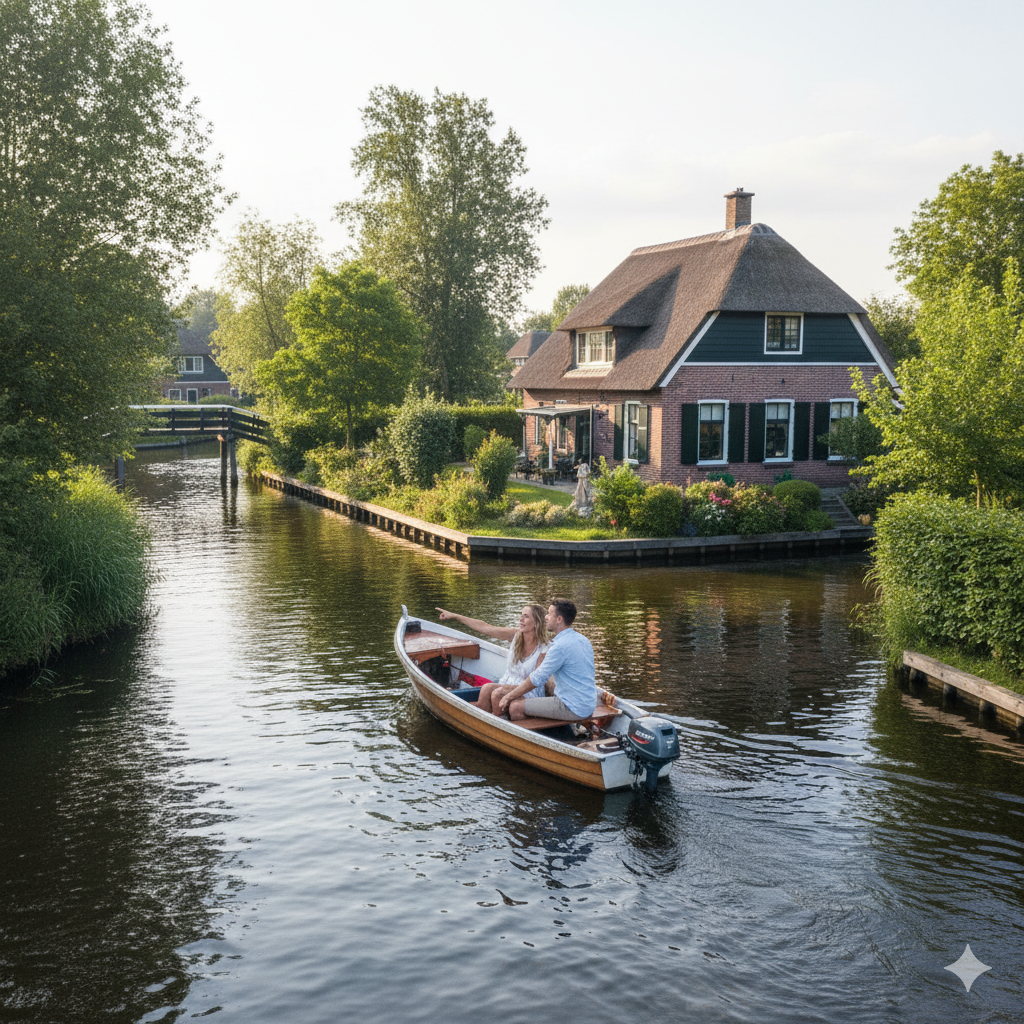 Tourists riding whisper boat through the canals of Giethoorn