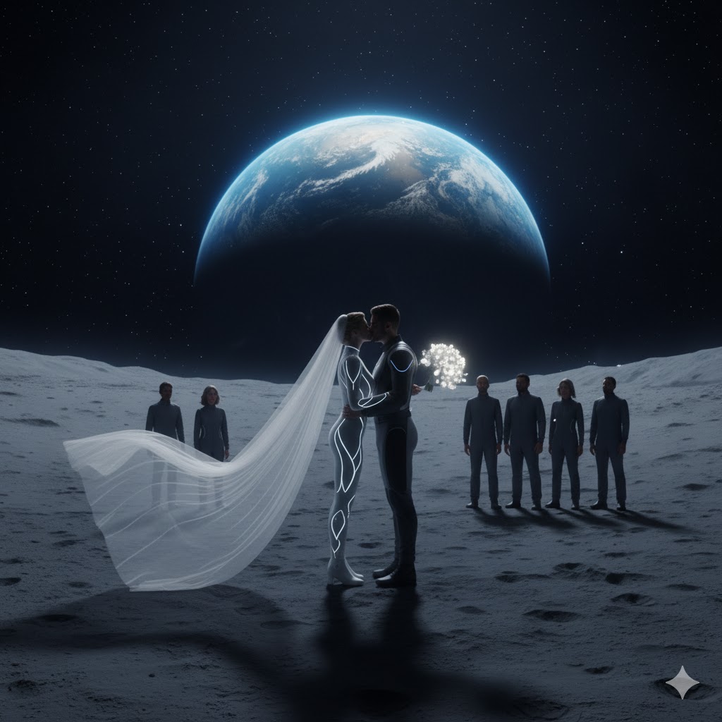 Couple kissing under Earth’s light on the lunar horizon after their moon wedding ceremony