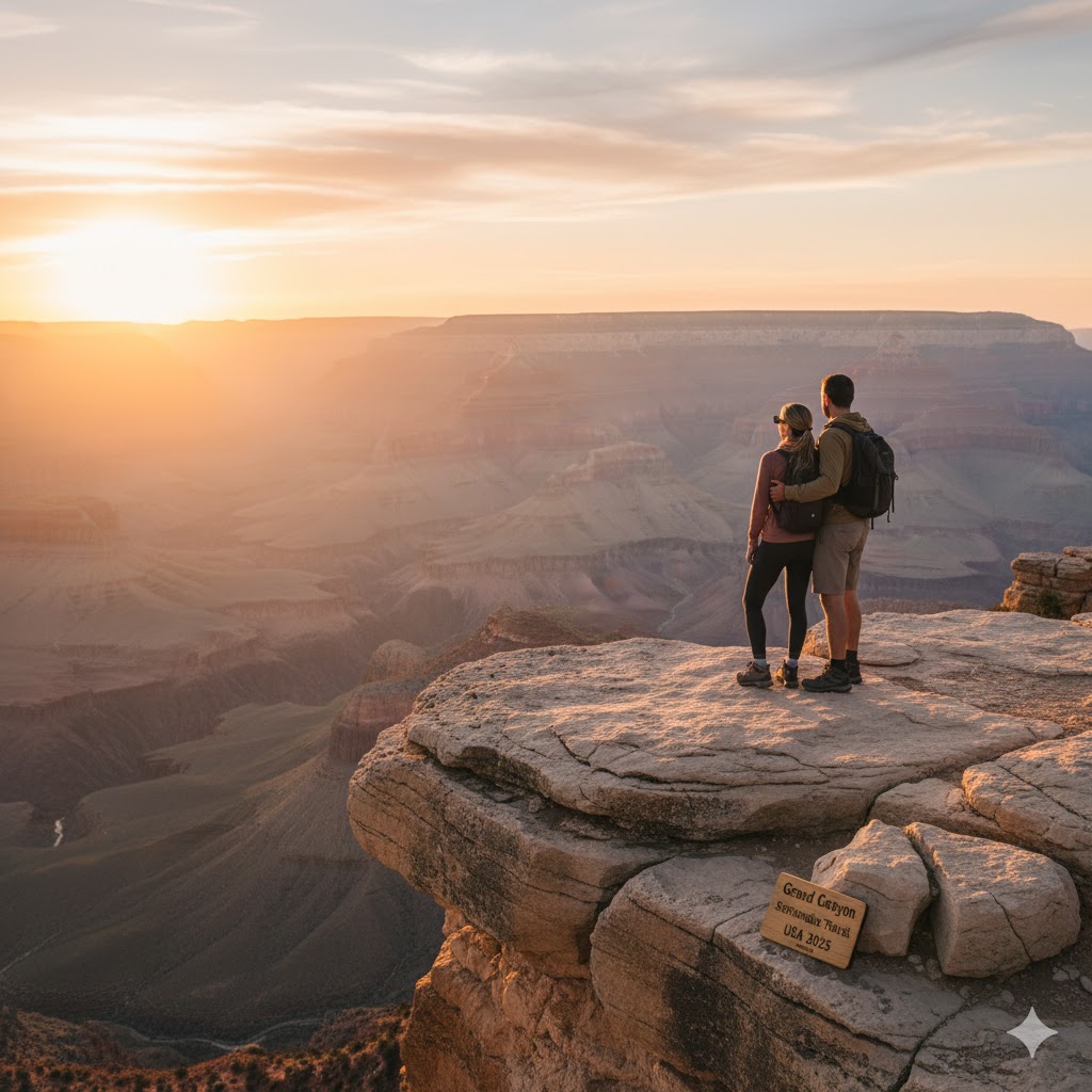 Couple overlooking Grand Canyon sunrise 2025 sustainable travel USA