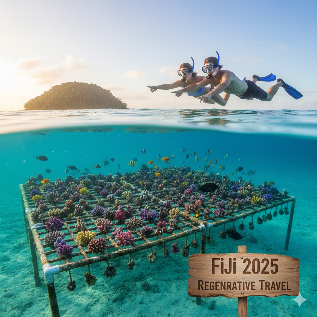 Couple snorkeling near coral nursery Fiji 2025 regenerative travel