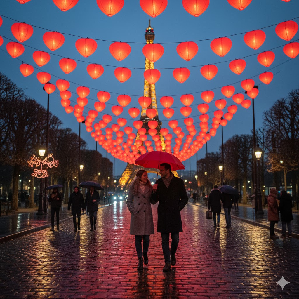 Couple walking through Paris near Eiffel Tower under red heart lanterns