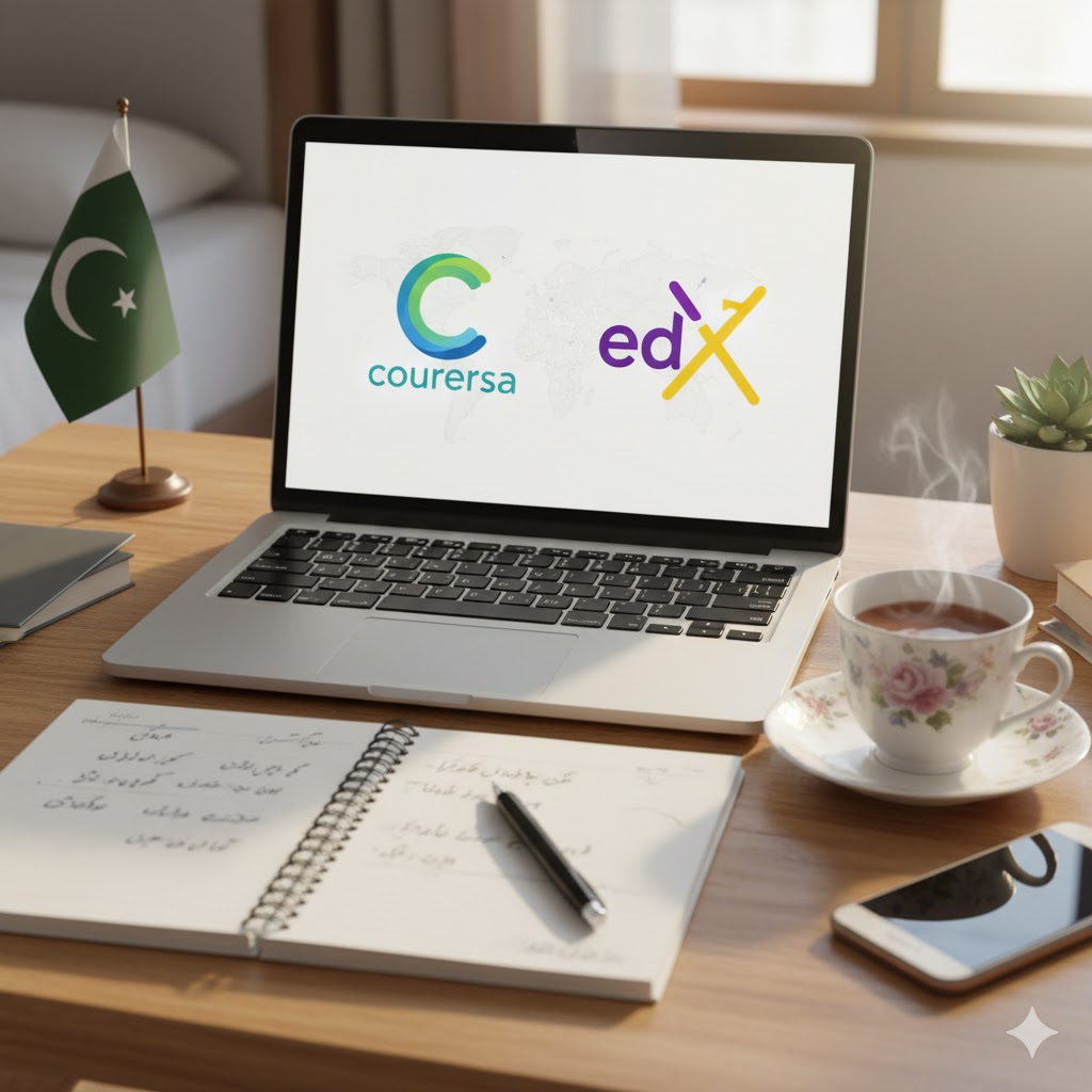Coursera and edX logos on laptop screen in a student’s workspace