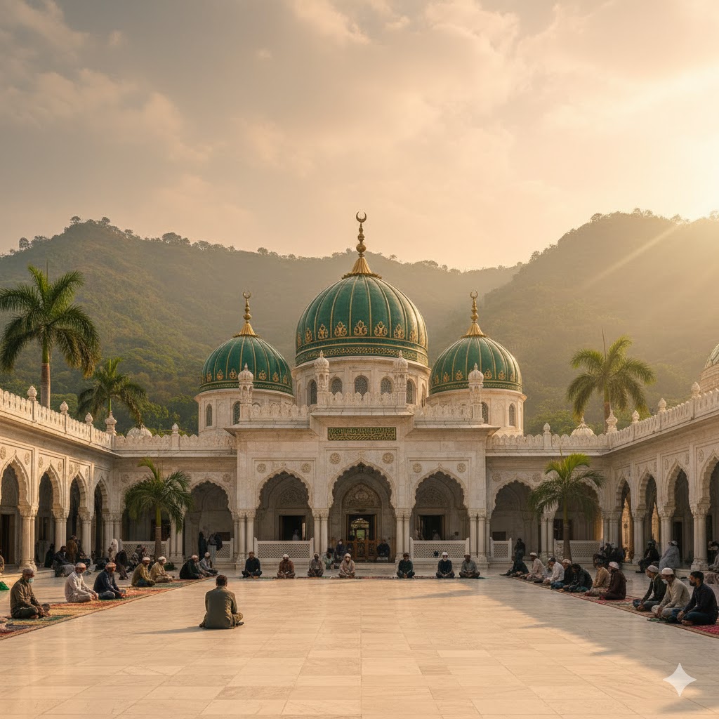Courtyard of Bari Imam Shrine with green domes and hills in background