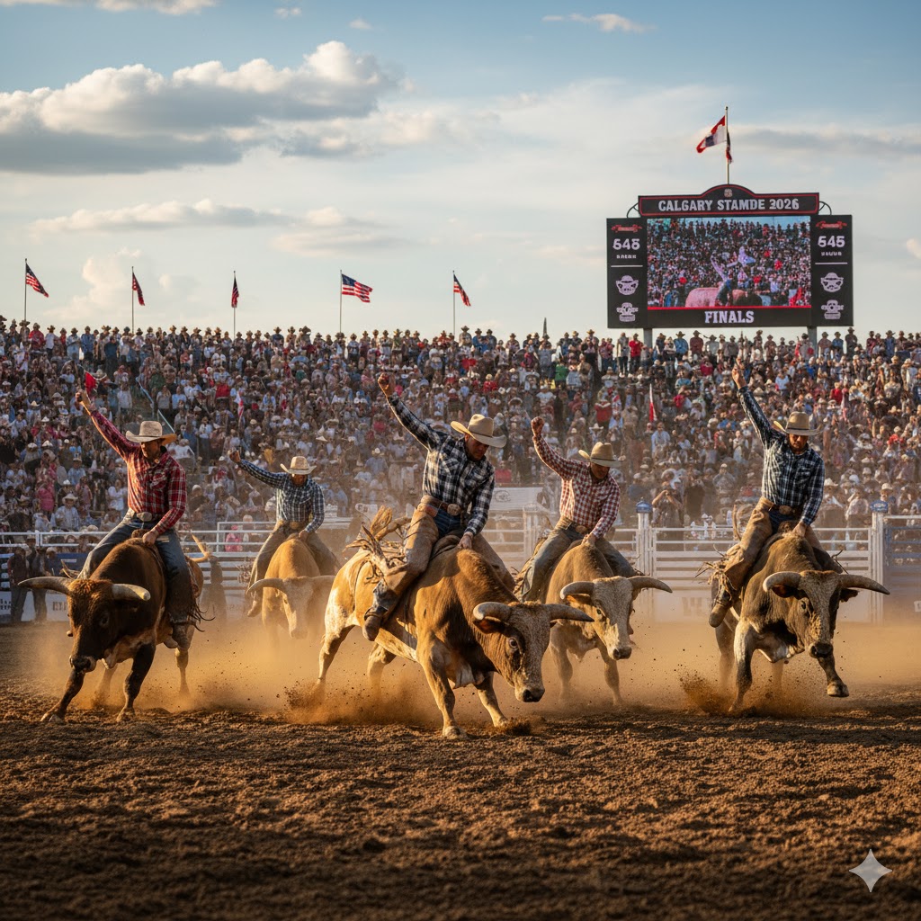 Cowboys riding bulls at Calgary Stampede 2026 rodeo arena.