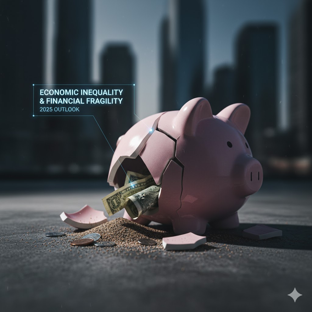 Cracked piggy bank symbolizing economic inequality and financial fragility
