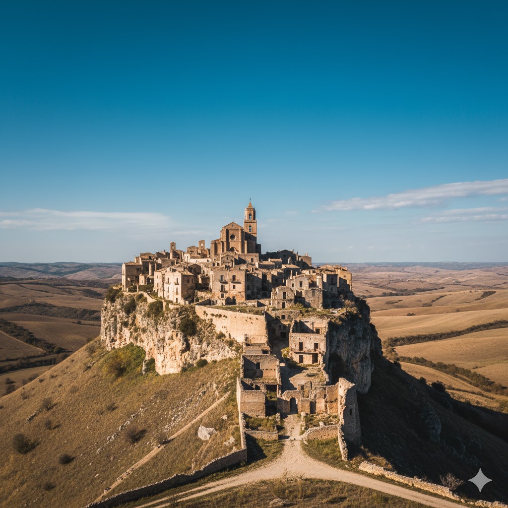 Craco ghost town Italy with stone ruins on a hilltop beneath blue Mediterranean sky.