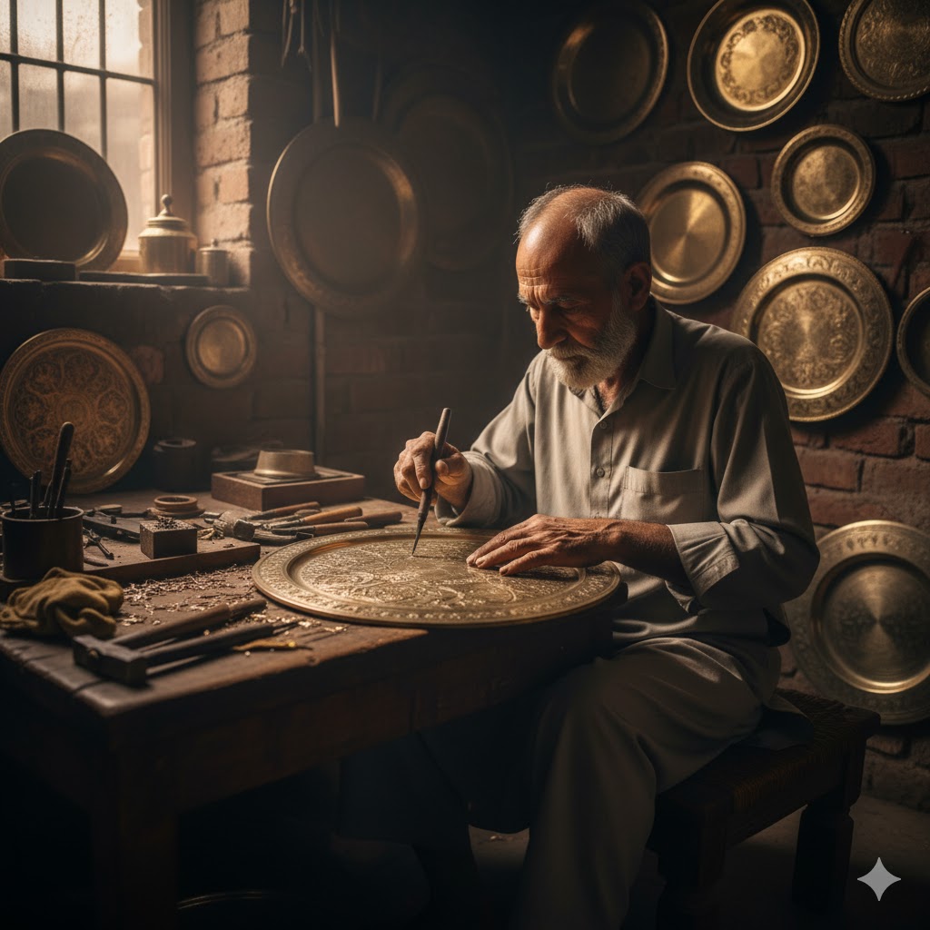 Craftsman engraving brass with floral motifs in a traditional Multan workshop. Craftsman engraving brass with floral motifs in a traditional Multan workshop.