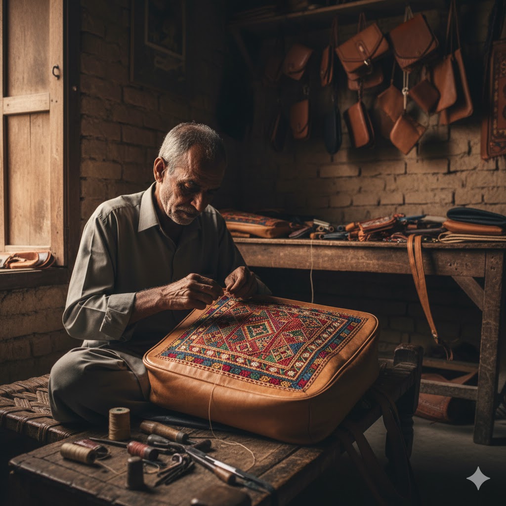 Craftsman stitching a handmade camel leather bag with traditional embroidery in Bahawalpur.
