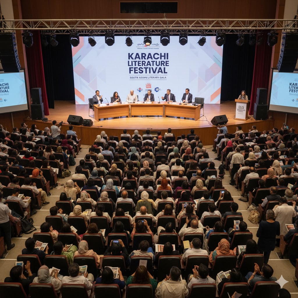 Crowd attending Karachi Literature Festival with authors and poets on stage
