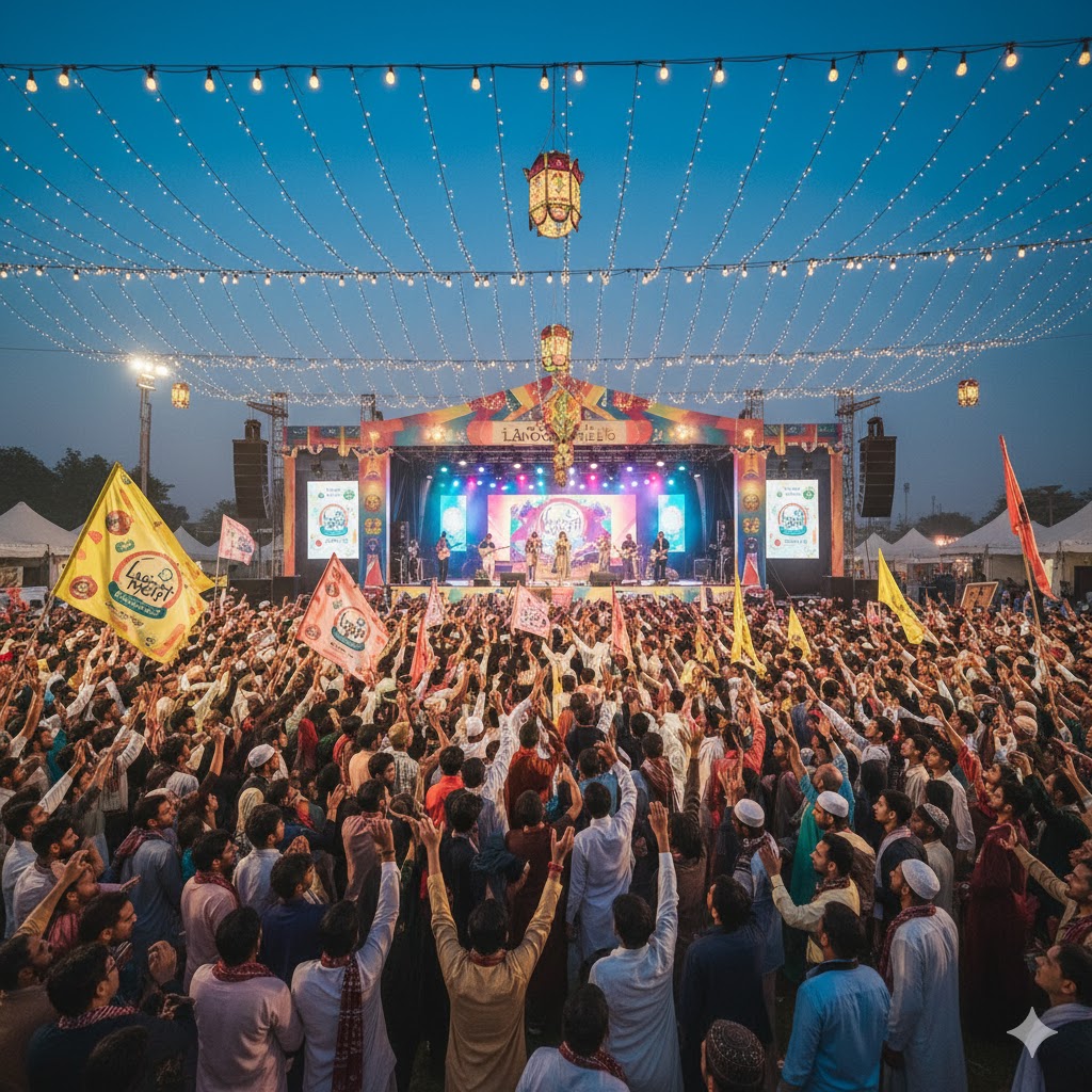 Crowd cheering at Lahooti Melo music and cultural festival in Hyderabad Sindh