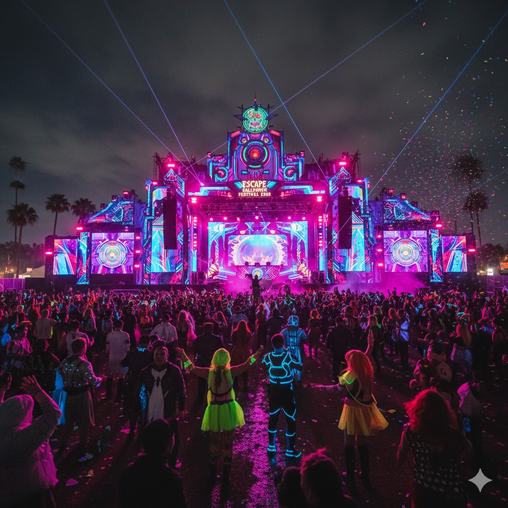 Crowd dancing in Halloween costumes under neon lights at Escape Halloween Festival 2026 California
