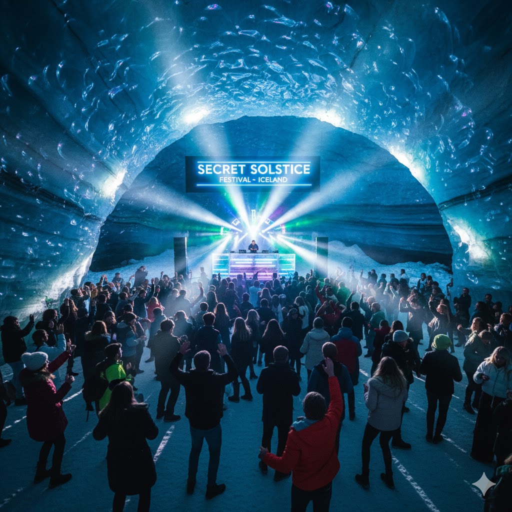 Crowd dancing inside glacier cave during Secret Solstice Festival 2026 Iceland