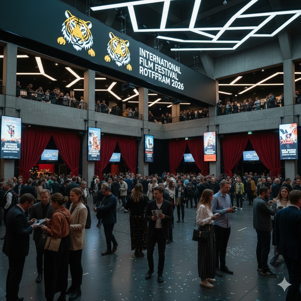 Crowd entering cinema halls at Rotterdam International Film Festival.