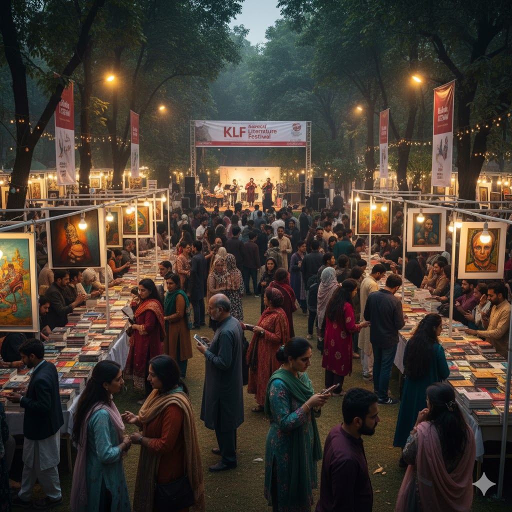 Crowd gathered around outdoor book stalls and art exhibits at Karachi Literature Festival.