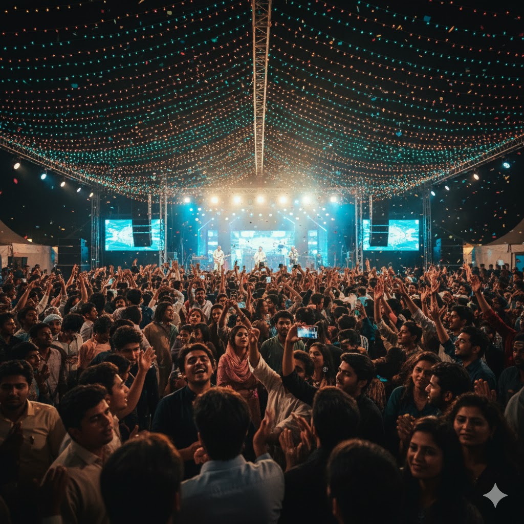 Crowd gathered under colorful lights at Lahooti Melo Hyderabad during a night performance. Crowd gathered under colorful lights at Lahooti Melo Hyderabad during a night performance.