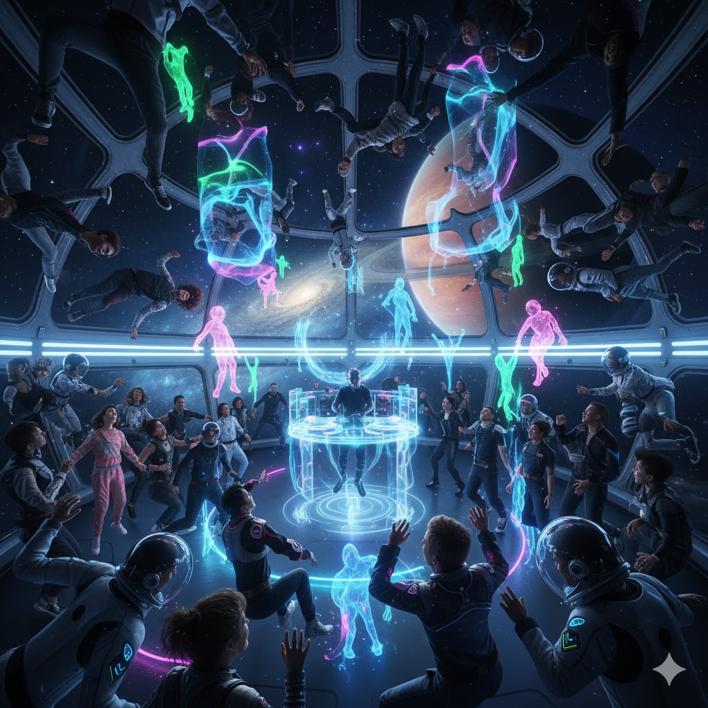 Crowd of space tourists floating inside capsule during a zero-gravity concert with holographic lights.