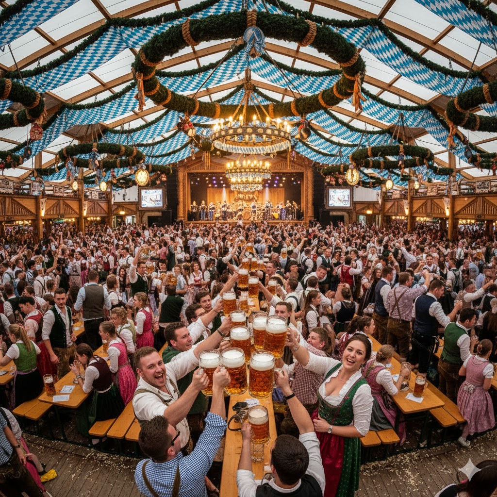 Crowd raising beer mugs inside Oktoberfest tent with Bavarian flags
