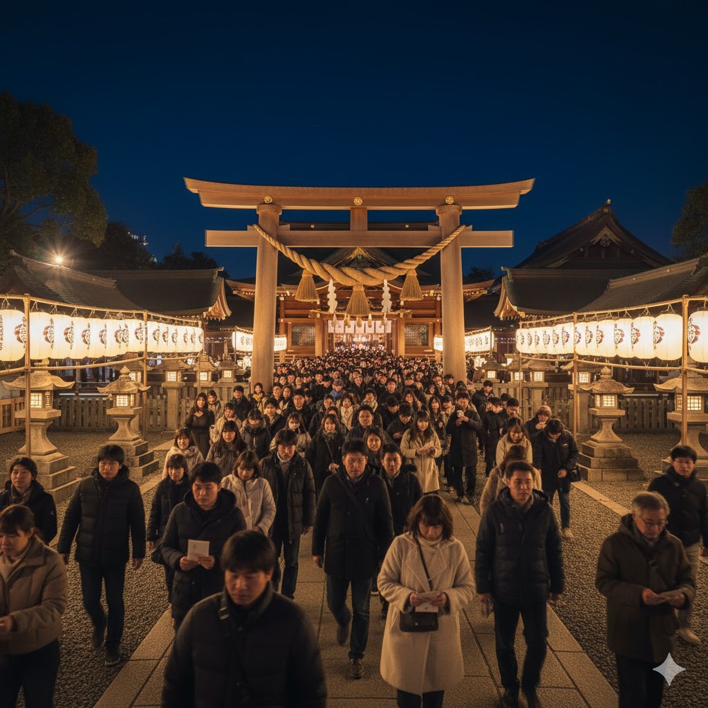 Crowds at Meiji Shrine in Tokyo offering first prayers of the New Year
